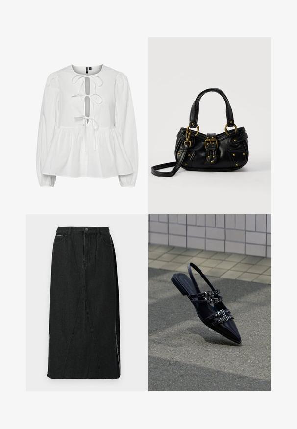 Blouse blanche avec de longues manches bouffantes, un col rond et un décolleté en forme de trou de clé avec un lien de fermeture. Taille froncée avec un ourlet évasé.; Jupe en denim noire avec une taille haute, coupe droite et coutures angulaires uniques. Présente des fentes latérales et une fermeture à bouton à la taille.; Sandale plate noire à bout pointu avec plusieurs sangles à boucle et un talon arrière, positionnée au-dessus d'une surface pavée et d'un mur carrelé en arrière-plan.; Sac à main en cuir noir avec boucle dorée et détails à rivets, poignées courtes et bandoulière réglable sur fond blanc uni.