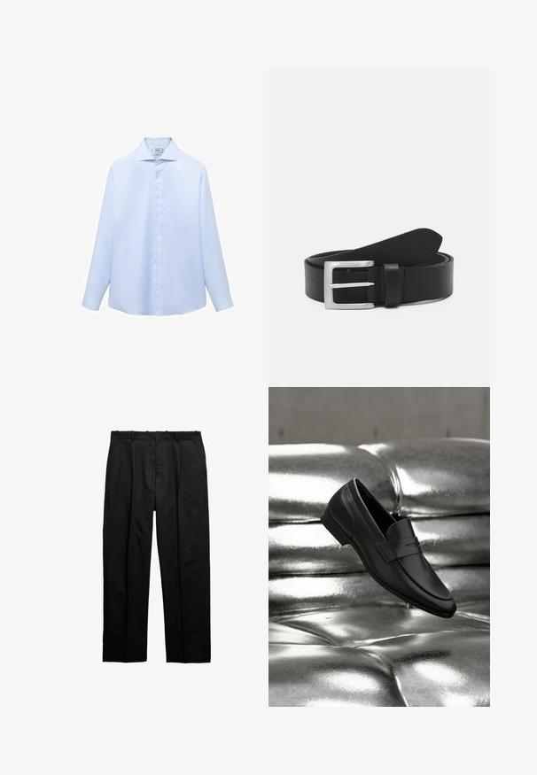Camisa de manga larga azul clara en un tejido suave, con cuello puntiagudo y botonera completa con botones blancos. Sin estampados ni acentos.; Pantalones formales negros con pliegues, trabillas para cinturón y bolsillos laterales, colocados planos sobre un fondo blanco.; Zapato mocasín de cuero negro colocado sobre un fondo de cojín capitoné plateado metálico brillante.; Cinturón de cuero negro con una textura lisa, hebilla rectangular de plata y un lazo para el extremo. Presenta una costura ordenada a lo largo de los bordes.