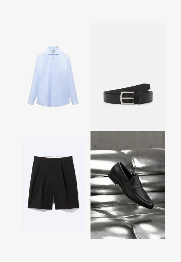 Camisa de manga larga azul clara en un tejido suave, con cuello puntiagudo y botonera completa con botones blancos. Sin estampados ni acentos.; Pantalones cortos negros confeccionados a medida hasta la rodilla con trabillas para cinturón, bolsillos laterales, cierre con botones y pinzas delanteras, extendidos sobre un fondo blanco.; Zapato mocasín de cuero negro colocado sobre un fondo de cojín capitoné plateado metálico brillante.; Cinturón de cuero negro con hebilla de metal plateado. Presenta una textura suave y un diseño clásico con una sola punta.