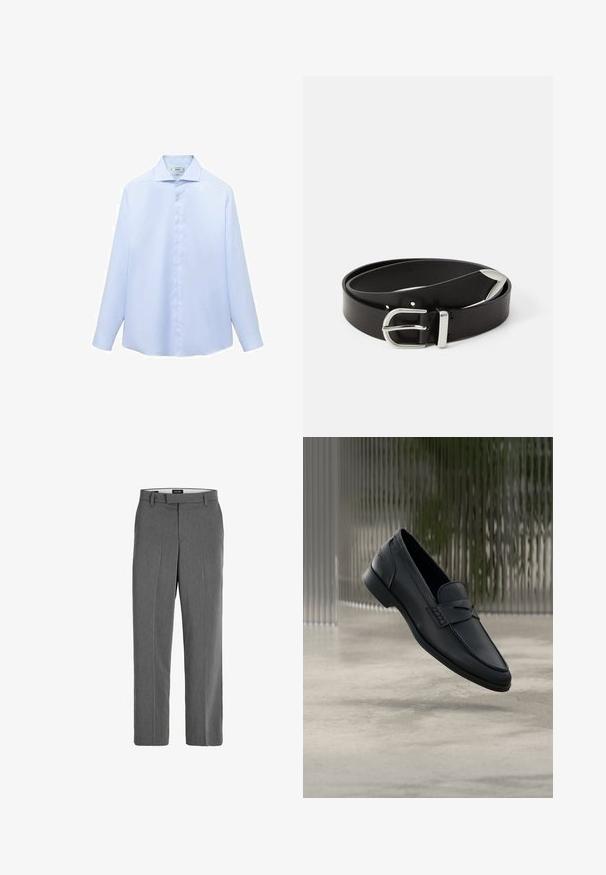Camisa de manga larga azul clara en un tejido suave, con cuello puntiagudo y botonera completa con botones blancos. Sin estampados ni acentos.; Pantalones gris con una textura suave, diseño de pierna recta y un patrón vertical sutil. Cuenta con trabillas para el cinturón y bolsillos delanteros y traseros.; Zapato tipo mocasín de cuero negro con acabado liso, punta puntiaguda y detalles cosidos en la pala. Tacón bajo y diseño minimalista.; Cinturón de piel negra con una hebilla de metal plateado, que presenta un diseño clásico y una textura suave. Incluye agujeros para ajuste.
