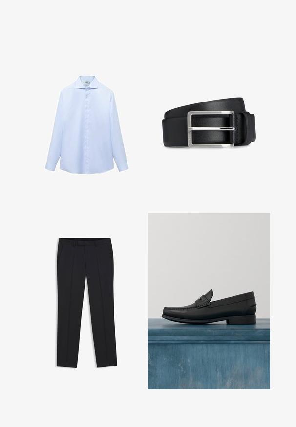 Camisa de manga larga azul clara en un tejido suave, con cuello puntiagudo y botonera completa con botones blancos. Sin estampados ni acentos.; Pantalones de vestir negros de pierna recta con bolsillos delanteros y presillas para cinturón, mostrados extendidos sobre un fondo blanco.; Mocasines de cuero negro con punta redonda, costuras detalladas y un tacón cuadrado bajo. Textura suave y diseño minimalista.; Cinturón de cuero negro con un acabado liso. Presenta una hebilla rectangular plateada y un lazo para ajustes. Diseño simple y funcional.