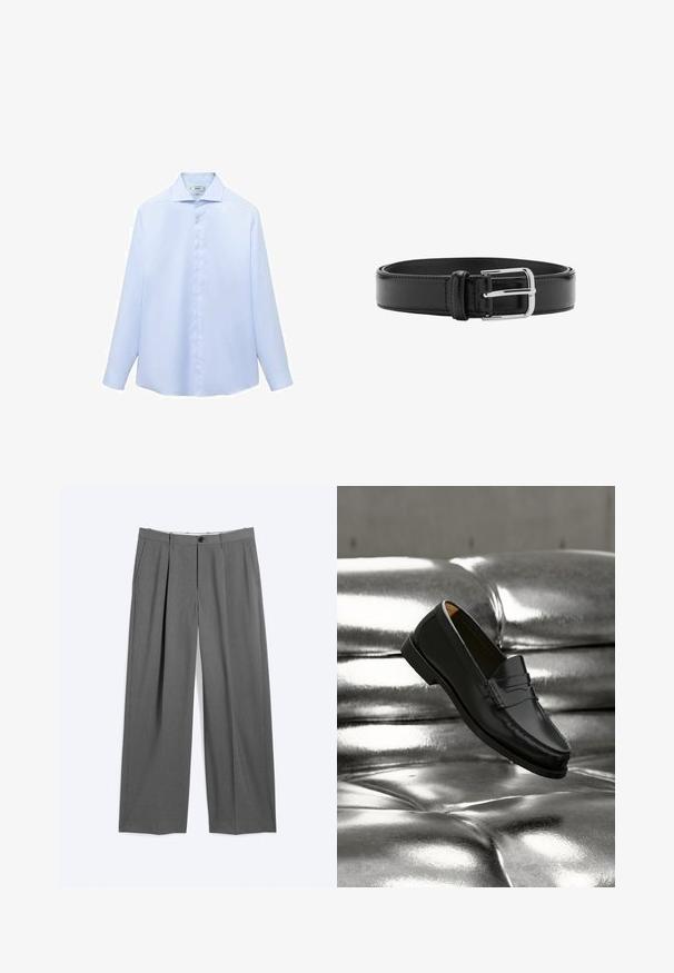 Camisa de manga larga azul clara en un tejido suave, con cuello puntiagudo y botonera completa con botones blancos. Sin estampados ni acentos.; Pantalones formales grises con piernas rectas, pliegues delanteros, bolsillos laterales, trabillas para cinturón y cierre frontal con botón y cremallera.; Zapato mocasín de cuero negro flotando sobre un sofá plateado brillante con tapizado capitoné de cuero en un ambiente minimalista.; Cinturón de cuero negro con costuras visibles y una hebilla plateada brillante, colocado plano en posición enrollada sobre un fondo blanco.