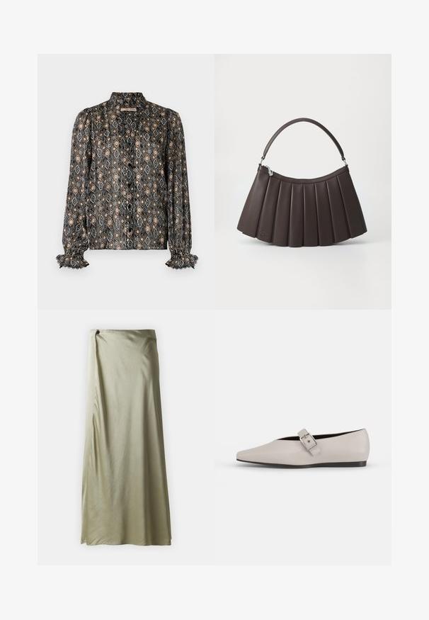 Blusa negra con estampado de formas de diamante en beige, gris y negro. Cuenta con un cuello alto, cierre de botón y puños con volantes.; Falda larga de color verde oliva hecha de una tela suave con un diseño envolvente, que presenta una abertura lateral y un detalle decorativo de botón en la cintura.; Zapato plano de cuero beige con punta afilada, un detalle de hebilla lateral y suela negra baja. Textura suave y diseño minimalista.; Bolso marrón plisado con una parte superior curva, base plana y un asa corta. Fabricado con material liso que presenta un detalle de marca sutil.