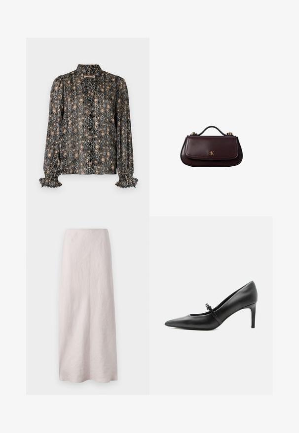 Mønstret sort bluse med diamantformer i beige, grå og sort. Har en høj krave, knaplukning og flæseærmer.; Lys pink maxi nederdel i linned med et rent, lige design. Stoffet har en let struktureret overflade og en elastisk talje.; Sort læderspids højhælede sko med tynd rem og spænde over vristen, stående på en neutral lys baggrund.; Lille mørkebrun læderhåndtaske med tophåndtag, guldspænde og guld "cK"-logo på frontklappen.