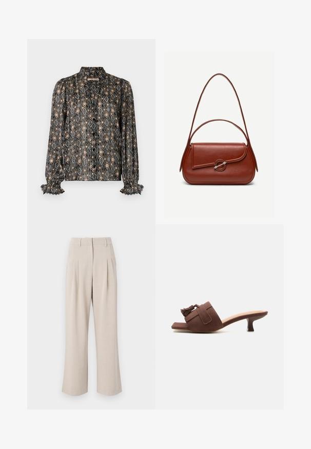 Blusa negra con estampado de formas de diamante en beige, gris y negro. Cuenta con un cuello alto, cierre de botón y puños con volantes.; Pantalones de pierna ancha en color beige con cintura alta, que presentan plisados frontales, una textura suave y un diseño a medida. Sin bolsillos visibles ni adornos.; Zueco de ante marrón con tacón kitten de altura media, punta cuadrada y detalle de borlas en la correa ancha que cruza el pie.; Bolso de hombro de cuero marrón con forma rectangular redondeada, solapa asimétrica, cierre circular plateado y dos correas delgadas.