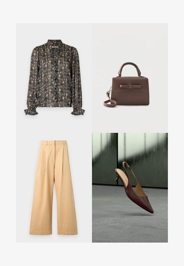 Gecombineerde zwarte blouse met ruitpatronen in beige, grijs en zwart. Beschikt over een hoge kraag, knoopsluiting en gerimpelde manchetten.; Beige wijde broek gemaakt van zachte katoen, met een rechte voorkant, plooien en zichtbare zijzakken.; Donkerbruine leren slingback hak met puntige neus zwevend boven een grijze vloer tegen een wazige glazen raambackground.; Kleine bruine leren handtas met bovenhandvat, afneembare schouderriem en voorsluiting, geaccentueerd met een horizontale leren riem.