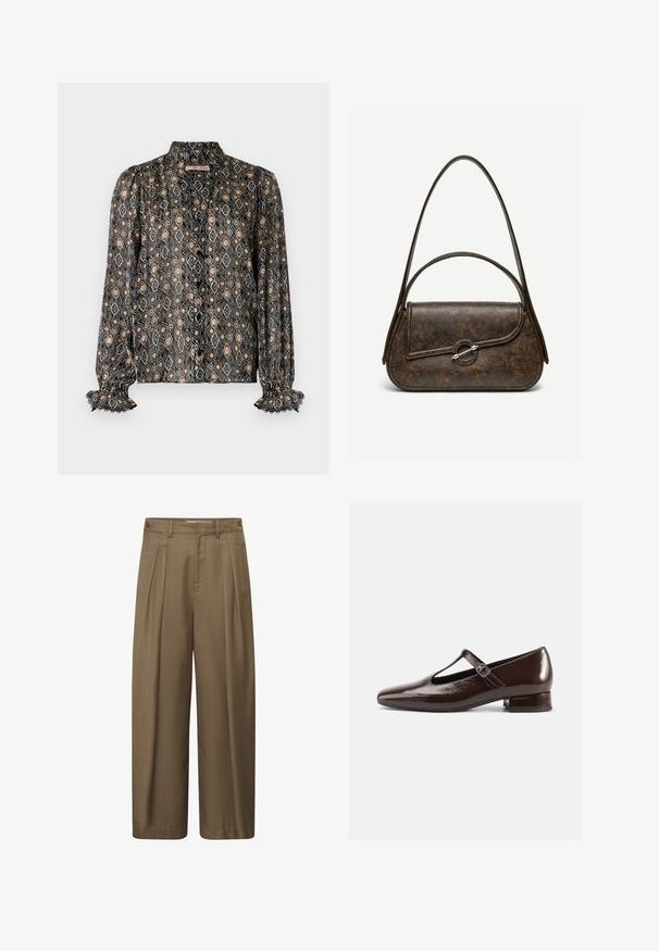 Gecombineerde zwarte blouse met ruitpatronen in beige, grijs en zwart. Beschikt over een hoge kraag, knoopsluiting en gerimpelde manchetten.; Bruine wijde broek met plooien aan de voorkant, riemlussen en zijknopen aan de tailleband, gemaakt van gestructureerde stof.; Bruine lakleren Mary Jane-schoenen met een afgeronde neus, een uitgesneden ontwerp en een verstelbare riem. Lage blokhak.; Donkerbruine lederen handtas met textuur, twee hengsels, afgeronde rechthoekige vorm en zilveren cirkelvormige sluiting op de voorflap.