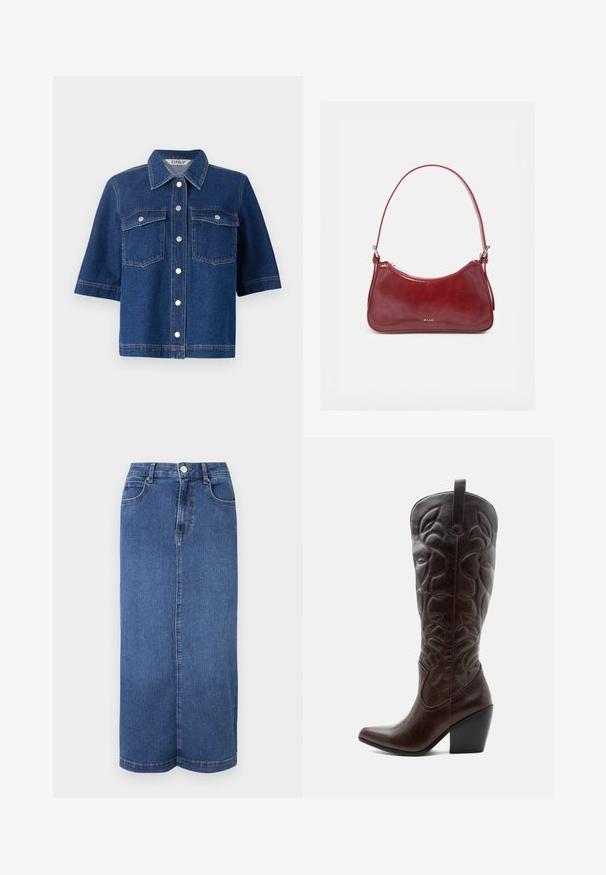 Mørkeblå denimjakke med korte ærmer, to brystlommer, sølvfarvede trykknapper og en krave.; Mørkeblå denim maxiskørt med lige snit, talje med knaplukning og minimale syninger.; Høj mørkebrun læder cowboystøvle med syede dekorative mønstre, spids tå og stablet blokhæle.; Lille blank mørkerød håndtaske med enkelt rem, sølv lynlås og "RAID" logo på frontens midte.