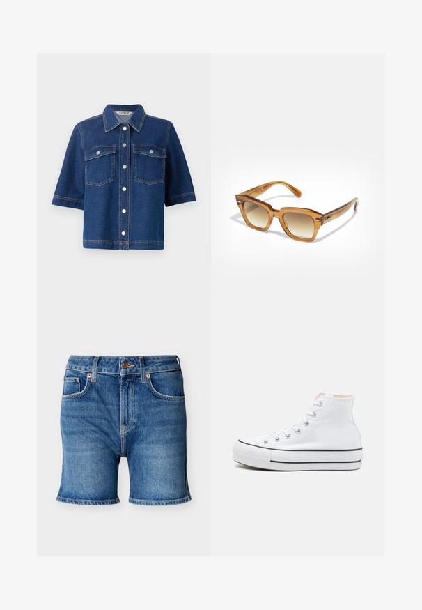 Donkerblauwe spijkerjas met korte mouwen, twee borstzakken, zilveren drukknoopjes en een kraag.; Blauwe denim shorts met knoopsluiting aan de voorkant, riemlussen en meerdere zakken, getoond op een effen lichte achtergrond.; Witte hoge sneakers van canvasmateriaal, zwarte rubberen zool en contrasterende zwarte streep op de tussenzool. Circulaire neus en vetersluiting.; Amberkleurige rechthoekige zonnebrillen met gradientlenzen, dikke monturen en een gladde textuur. Voorzien van subtiele branding aan de zijkant.