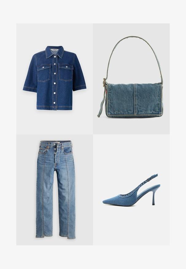 Mørkeblå denimjakke med korte ærmer, to brystlommer, sølvfarvede trykknapper og en krave.; Lyseblå denimjeans med lige ben, knaplukning, forlommer, synlige sømme og kontrasterende sidepaneler.; Blå denim spids tå slingback sko med høj hæl, sølv øjendesign og justerbar spænde.; Denim skuldertaske med fold-over design, lys blå farve, synlige sømme, justerbar rem og en sidelabel-detalje.