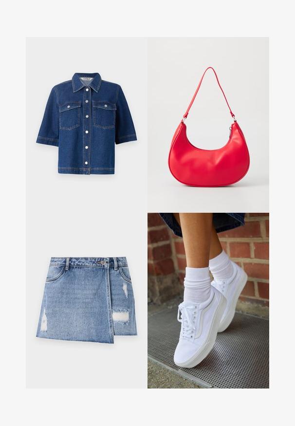 Mørkeblå denimjakke med korte ærmer, to brystlommer, sølvfarvede trykknapper og en krave.; Lysblå denim miniskørt med slidte områder og distressed detaljer. Har en frontknaplukning og traditionelt fem-lommer design.; Hvide lærreds sneakers med gummisåler, der har seks snørehuller, rund tå og let sømdetaljer, krydret med hvide ankelstrømper.; Rød syntetisk læder skuldertaske med en buet form, slank rem og lynlås lukning. Glat tekstur med synlige syninger.