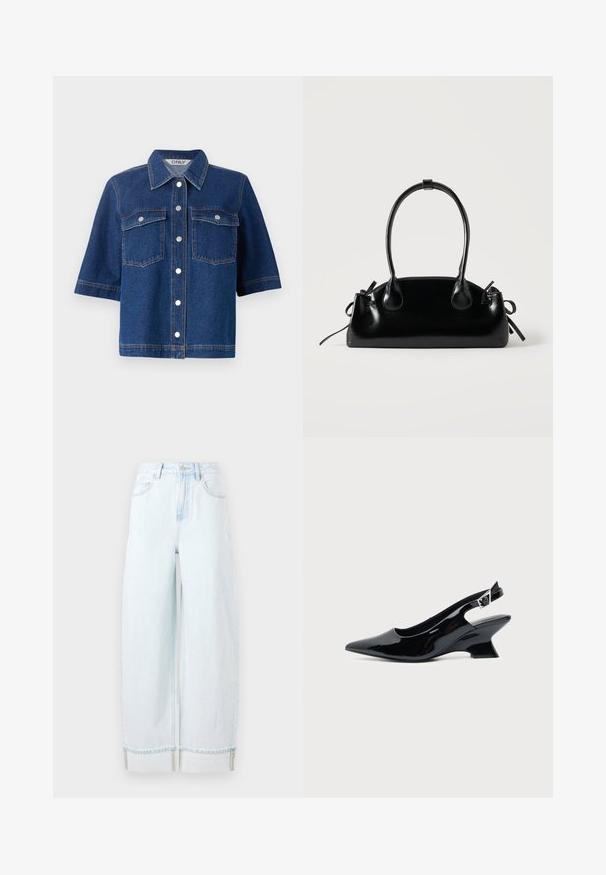 Dunkelblaue Jeansjacke mit kurzen Ärmeln, zwei Brusttaschen, silbernen Druckknöpfen und einem kragenförmigen Halsauschnitt.; Helle blaue weit geschnittene Jeans aus Denim, mit hoher Taille, Fronttaschen und einem umgeschlagenen Saum mit sichtbaren Nähakzenten.; Schwarzer Slingback-Schuh aus Lackleder mit spitzer Spitze und niedrigem, schrägem Blockabsatz auf einfachem hellem Hintergrund.; Kleine schwarze glänzende Handtasche mit zwei langen Griffen und seitlichen Kordelzug-Details vor einfachem hellem Hintergrund.