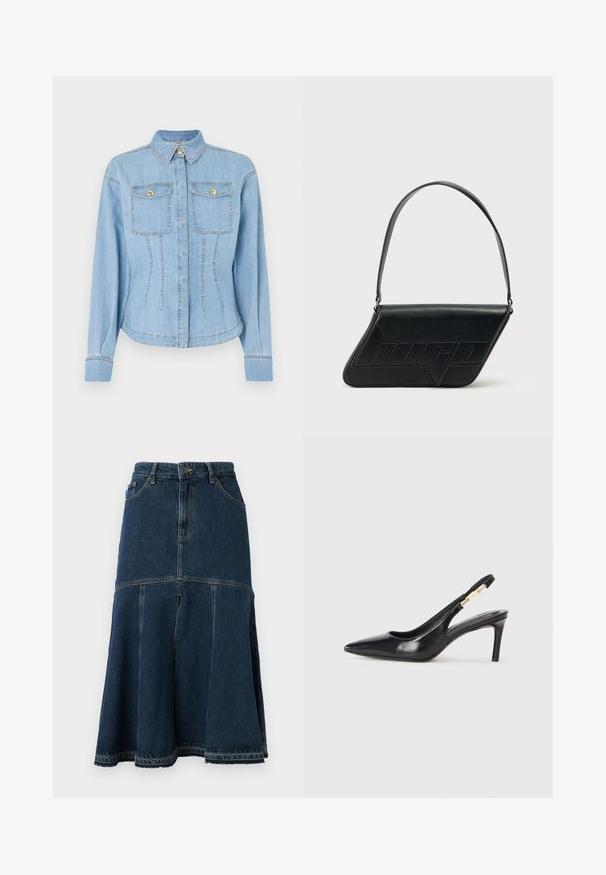 Lyseblå denimjakke med knaplukning foran, to brystlommer og guld detaljer. Har en struktureret pasform og standard krave.; Denimnederdel i mørkeblå med en udvidet form, der har høj talje, forlommer og en rå kant. Slidt tekstur og syning detaljer.; Sort læder slingback højhælede sko med spidse tæer, glat overflade og en smal ankelrem med guldfarvede hardware detaljer.; Sort skuldertaske i læder med trekantet form, præget logo og en enkelt justerbar rem. Minimalistisk design med glat tekstur.