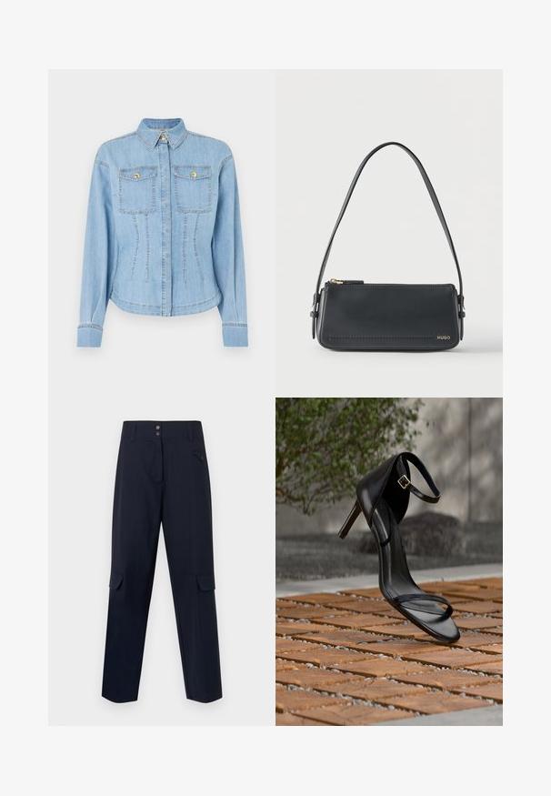 Chaqueta de denim azul claro con cierre de botones, dos bolsillos en el pecho y detalles en dorado. Presenta un corte estructurado y un cuello estándar.; Pantalones cargo de la marina hechos de un material tejido, con dos bolsillos laterales, cierre de botón y un diseño de pierna recta.; Sandalia negra de tacón alto con correa en el tobillo, parece suspendida sobre un suelo de baldosas de madera al aire libre, con un fondo difuminado de vegetación y piedra.; Bolso de hombro rectangular de cuero negro con cremallera dorada y pequeño logo dorado "HUGO" en el frente, con una correa ajustable con hebilla.