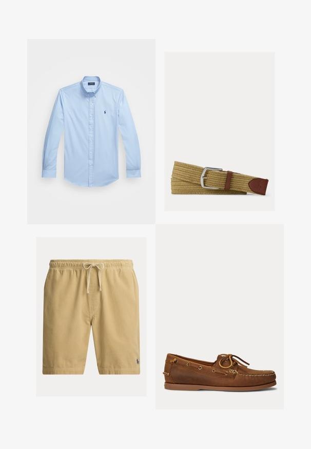 Lichtblauw overhemd met lange mouwen, gemaakt van katoen, met een puntige kraag en een geborduurd logo op de linkerborst. Vlakke voorkant ontwerp.; Beige corduroy shorts met elastische tailleband en trekkoord, met een klein donker logo geborduurd vlak bij de zoom aan de linkerpijp.; Bruine leren bootschoen met mocassinnaad, veterdetail doorgedreven door metalen oogjes en een platte rubberen zool, gezien van opzij.; Gevlochten lichtbruine stoffen riem met zilverkleurige metalen gesp en bruine leren accenten, inclusief een vastgenaaide logopatch aan het einde.