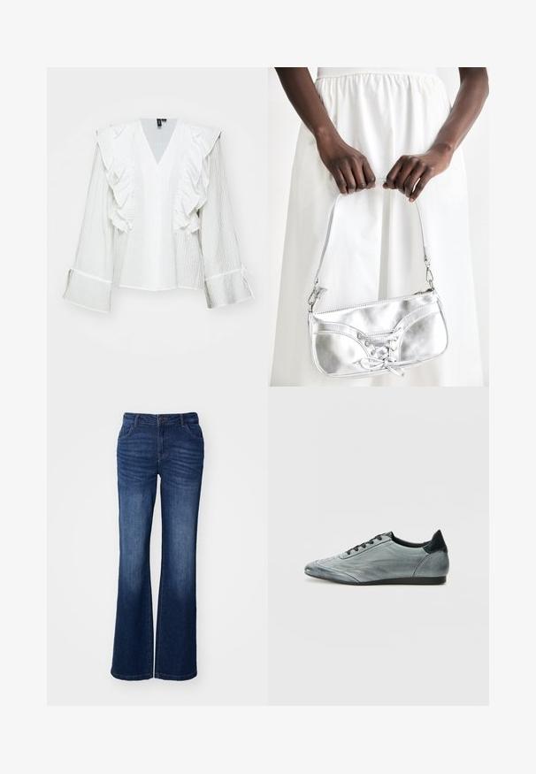 Hvid skjorte med knaplukning, rynkede ærmer og dyb V-udskæring. Fremstillet af tekstureret stof, med et let cropped design og sløjfe detaljer.; Blå denim flared jeans med en mid-rise talje, fem lommer og subtilt slid ved lårene. Har en frontknap og lynlås lukning.; Lysegrå læder sneakers med et strømlinet design, der har stikninger, sorte snørebånd og en mørk hælaccent. Gummisål.; Sølvmetallic håndtaske med snøredetaljer, der har et slankt design og en kort strop. Tasken holdes i hænderne for at fremvise dens tekstur.