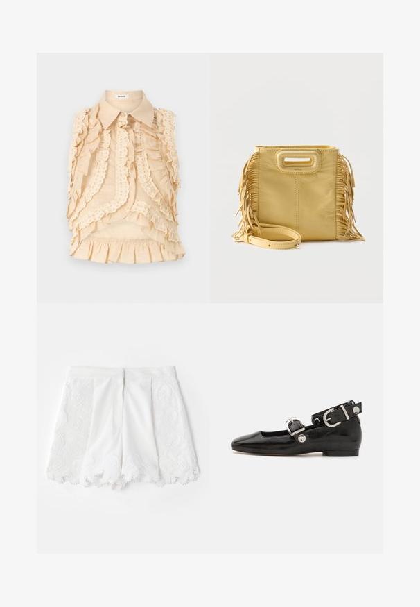 sandro CHEMISE - Skjortebluser - beige; Hvide shorts med et tekstureret broderet design langs siderne og en scallop-kant. Glat stof med dekorative perleaccenter.; Sorte patenteret lædersko med firkantet tå, ankelrem med sølvhardware og flad sål. Glat tekstur med minimalistisk design.; Gul lædertaske med frynser på siderne, rektangulært udskåret håndtag og aftagelig skulderrem placeret foran.