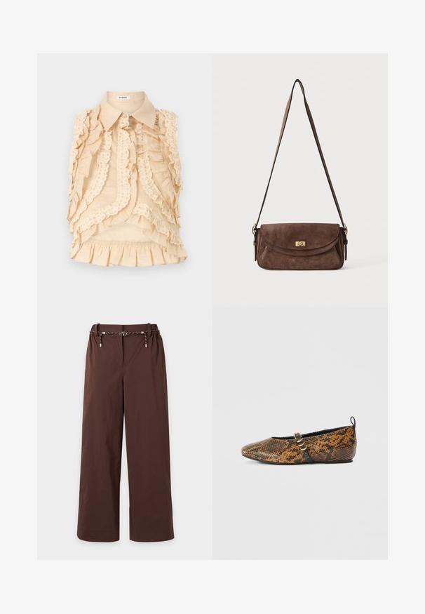 sandro CHEMISE - Skjortebluser - beige; Brune bukser med vide ben med elastik i taljen og et sort-hvidt snørebånd med gulddetaljer, vist på en lys baggrund.; Balletsko i faux slangeskindsmønster med brune og sorte nuancer. Har en sort rem og guldfarvet hardware-detalje. Glat tekstur.; Brun ruskind skuldertaske med en lang, justerbar strop og en guldfarvet drejelås på frontklappen.