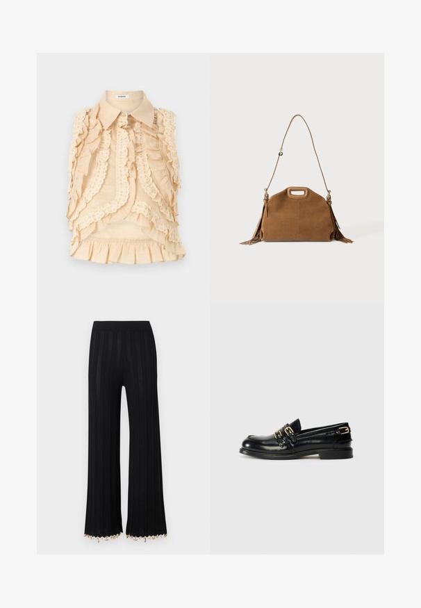 sandro CHEMISE - Skjortebluser - beige; Sortte strikkede bukser med vidde i benene, lodret ribning og gulddetaljer langs kanten, på en ensartet lys baggrund.; Sorte læder loafers med en blank finish, der har to guldspænder og en lav hæl. Glat tekstur med rund tådesign.; Brun ruskindshåndtaske med topudskåret håndtag, lang justerbar skulderrem og frynser på begge sider.