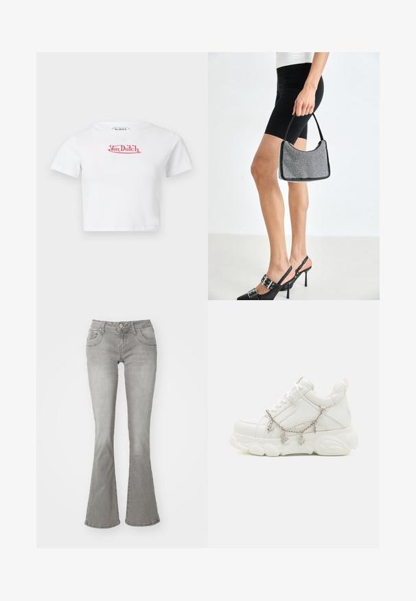 T-shirt blanc court à manches courtes avec logo rouge "Von Dutch" centré sur la poitrine sur fond uni.; Jeans gris évasés avec une taille mi-haute, poches avant et fermeture à bouton, fabriqués en denim avec une texture lisse.; Baskets blanches avec une semelle épaisse, tige en cuir texturé et chaîne en métal décorative avec des breloques. Dispose d'un système de laçage et d'un col rembourré.; Sac à main à perles noires avec une silhouette courbée, une poignée de transport et une texture brillante. Porté avec des chaussures à talons hauts noires et un short noir ajusté.