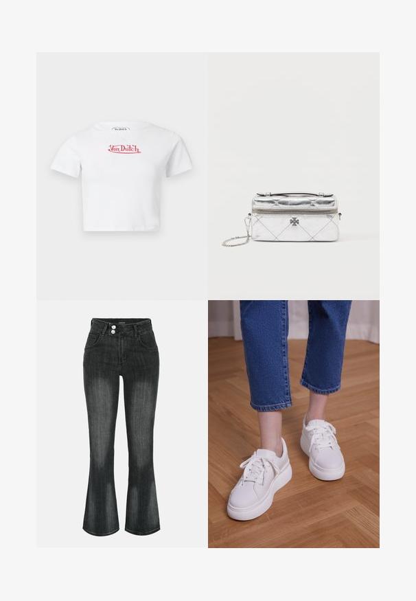 T-shirt blanc court à manches courtes avec logo rouge "Von Dutch" centré sur la poitrine sur fond uni.; Jean en denim noir délavé à taille haute, fermeture double bouton, poches avant et jambes légèrement évasées.; Jambes portant un jean court bleu et des baskets blanches à plateforme à lacets, debout sur un sol en bois clair.; Sac à main argent métallique avec un motif matelassé, fermeture éclair et anse en chaîne. Accent logo notable à l'avant. Forme rectangulaire compacte.