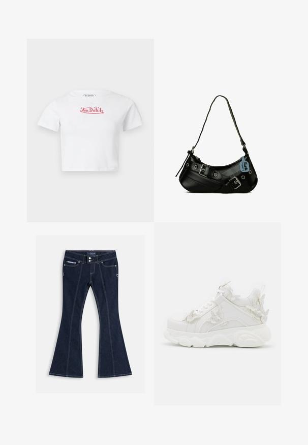 T-shirt blanc court à manches courtes avec logo rouge "Von Dutch" centré sur la poitrine sur fond uni.; Jean flare bleu foncé avec coutures blanches, poches avant, passants de ceinture et deux boutons argentés à la taille.; Baskets blanches épaisses avec une semelle épaisse et des accents décoratifs de papillons en 3D sur le côté, les lacets et le talon.; Sac à main synthétique noir avec une forme courbée, une bandoulière réglable et des boucles décoratives en métal. Présente une texture lisse et brillante.