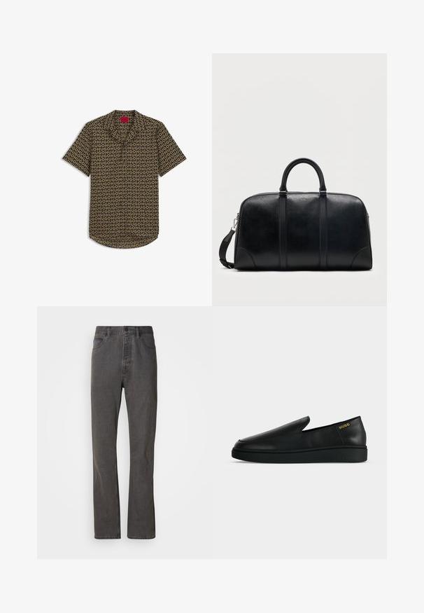 Chemise à manches courtes boutonnée avec motif répétitif du logo HUGO en marron et noir, dotée d’un col camp et d’une étiquette rouge à l’intérieur.; Jeans en denim gris avec une coupe droite, dotés de poches avant, d'une fermeture à bouton et d'une texture subtile.; Chaussure noire en cuir à enfiler avec semelle épaisse et marquage "HUGO" en or près du talon sur un fond uni gris clair.; Sac de voyage en cuir noir avec deux poignées supérieures, bandoulière amovible et petit logo "Hugo" centré près de la fermeture éclair supérieure.