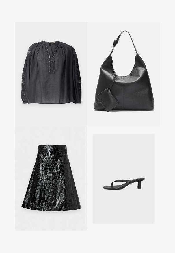 Blouse noire à manches longues en tissu léger, avec une patte de boutonnage devant, un col plissé et des accents en dentelle sur les manches.; Jupe noire brillante froissée en ligne A avec taille haute et ceinture lisse, présentée à plat sur un fond clair.; Sandale noire à talon avec fines brides et semelle texturée, dotée d’un petit talon cylindrique sur un fond uni clair.; Sac d’épaule en cuir noir avec une longue bandoulière et une petite pochette zippée attachée, présenté sur un fond clair uni.