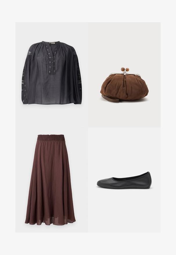 Blouse noire à manches longues en tissu léger, avec une patte de boutonnage devant, un col plissé et des accents en dentelle sur les manches.; Jupe longue forme trapèze marron avec taille élastique froncée et tissu léger légèrement froissé, présentée sur un fond uni.; Ballerines en cuir noir avec un bout rond, texture lisse, détails de couture minimalistes et design de semelle flexible.; Petit sac poignet en daim marron doux avec cadre en métal argenté et boules rondes marron de fermeture sur fond clair uni.