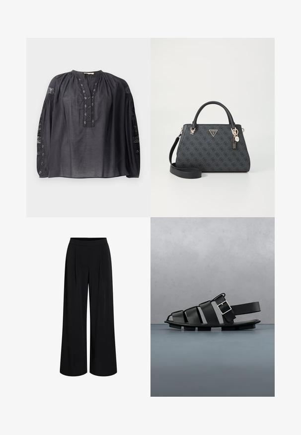 Blouse noire à manches longues en tissu léger, avec une patte de boutonnage devant, un col plissé et des accents en dentelle sur les manches.; Pantalon noir à jambes larges avec taille haute et plis à l'avant, conçu pour une coupe ample et fluide.; Sandales en cuir noir avec un design tressé, un bout ouvert et une boucle latérale, posées sur des carreaux en bois avec des cailloux.; Sac à main structuré noir en matériau texturé, avec une plaque logo dorée, une bandoulière amovible et des accents de quincaillerie détaillés.