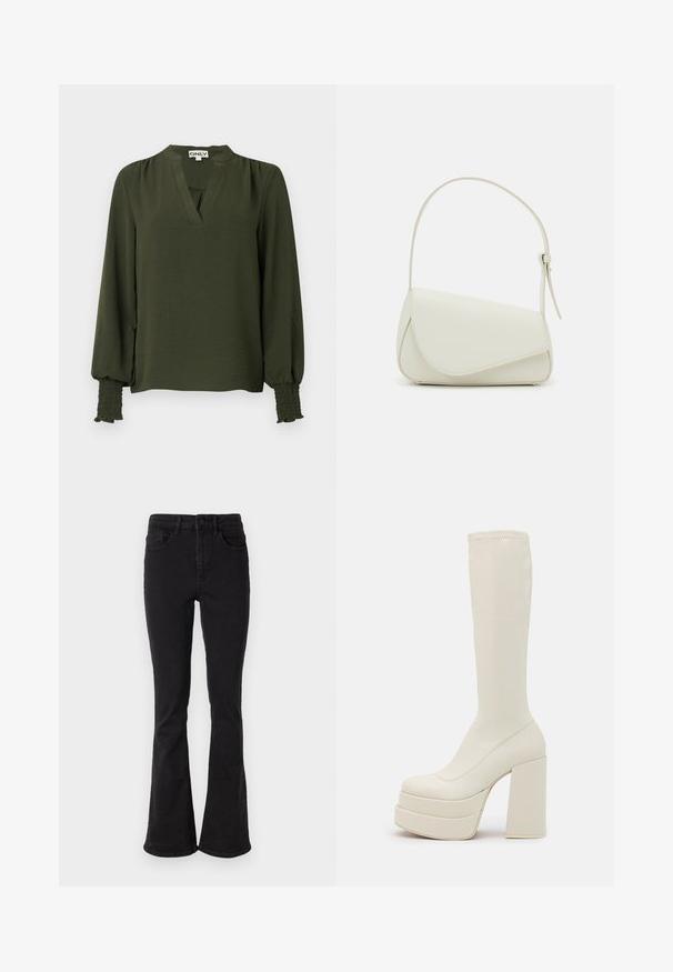Blouse à manches longues vert foncé avec col en V, épaules froncées et poignets élastiques smockés aux manches.; Jean flare en denim noir à taille haute, avec cinq poches et une fermeture robuste à bouton. Texture lisse avec une légère élasticité.; Steve Madden CYPRESS - Bottes à plateau - off white; Sac à main en cuir synthétique blanc avec une forme triangulaire structurée, une bandoulière unique réglable et un rabat à courbes accentuées.