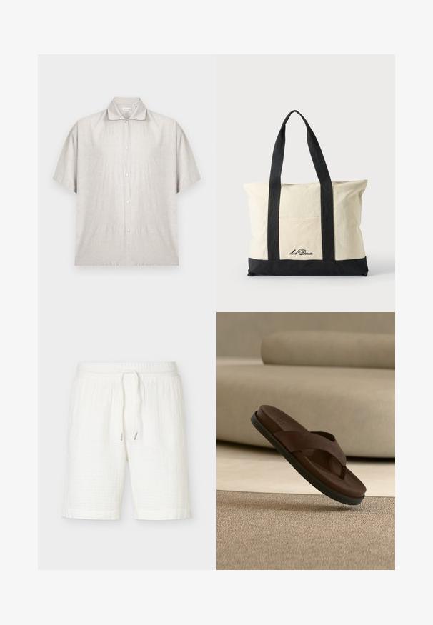 Chemise beige clair à manches courtes en tissu doux. Elle présente un col classique et une patte de boutonnage avec sept boutons.; Short blanc en coton avec taille élastique et cordon, longueur genou avec une coupe décontractée et ample.; Sandale claquette en cuir marron avec une semelle noire suspendue au-dessus d'un tapis beige dans un intérieur aux tons neutres.; Sac fourre-tout en toile avec longues anses noires, bordure noire en bas et poche avant avec logo "Les Deux" en écriture noire.