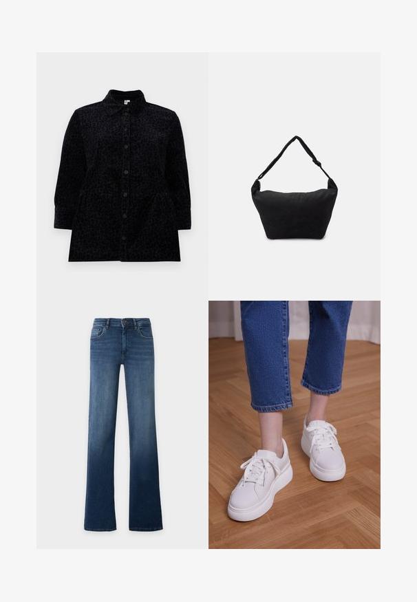 Zwarte overhemd met een subtiele luipaardprint, met een kraag, lange mouwen en een lichtelijk uitlopende silhoët met zijzakken.; Blauwe high-waist jeans met rechte pijpen, knoop- en ritssluiting, voor- en achterzakken, getoond op een effen lichte achtergrond.; Benen met cropped blauwe jeans en witte vetersneakers met plateauzool, staand op een lichte houten vloer.; Zwarte stoffen schoudertas met een zachte, gestructureerde oppervlakte, ronde vorm en een enkele strap. Minimalistisch ontwerp zonder zichtbare hardware of accenten.