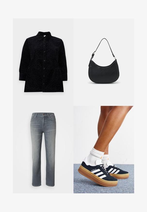 Chemise noire à boutons avec un subtil imprimé léopard, dotée d'un col, de manches longues et d'une silhouette légèrement évasée avec des poches latérales.; Jeans en denim gris avec une coupe droite, un design à cinq poches, fermeture à bouton et à zip, et une finition légèrement délavée.; Jambes portant des chaussettes blanches et des baskets Adidas Gazelle noires avec des bandes blanches et des semelles épaisses marron sur un sol recouvert de moquette grise.; Sac hobo noir en cuir lisse avec une silhouette arrondie, doté d'une seule sangle ajustable et de détails de design minimalistes.
