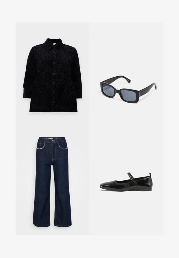 Chemise noire à boutons avec un subtil imprimé léopard, dotée d'un col, de manches longues et d'une silhouette légèrement évasée avec des poches latérales.; Jean large bleu foncé en denim, avec taille haute, deux poches avant ornées de coutures décoratives et une fermeture à un bouton.; Chaussure plate en cuir verni noir avec un bout pointu, une sangle de cheville avec boucles, et une texture lisse et brillante. Talon bas pour le confort.; Lunettes de soleil rectangulaires noires avec des verres teintés foncés, monture en plastique épaisse et branches larges. Surface lisse et design angulaire.