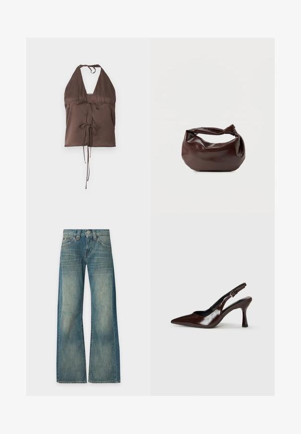 Haut halter brun en tissu lisse, doté d'un décolleté en V profond, de bretelles ajustables à nouer et d'un détail à nouer à l'avant pour un effet ajusté.; Jean en denim bleu à lavage délavé, taille haute, jambes larges, bouton et fermeture éclair devant, cinq poches, présenté sur un fond uni.; Talons slingback en cuir verni brun avec un bout pointu, un talon fin, et une sangle réglable avec une petite boucle.; Sac bandoulière en cuir marron foncé avec une forme souple et décontractée et une anse nouée torsadée sur un fond blanc uni.