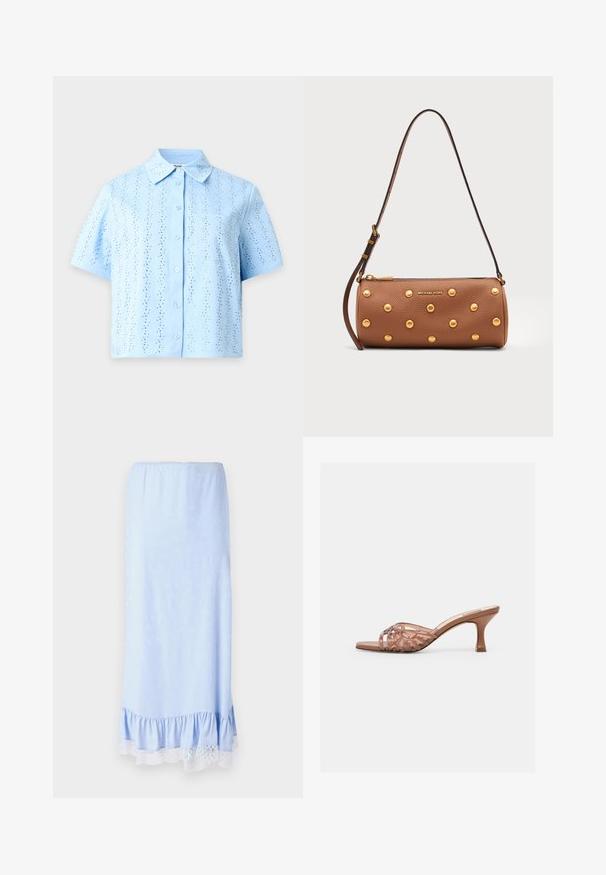 Light blue short-sleeve button-up shirt with a pointed collar and vertical perforated patterns throughout the fabric.; Light blue satin skirt with a ruffled hem, featuring white lace trim and subtle floral patterns throughout the fabric. Elastic waistband.; Brown open-toe mule sandal with woven upper straps and a mid-height curved heel on a plain white background.; Brown leather cylindrical handbag with gold studs, adjustable strap, and gold Michael Kors logo on front.
