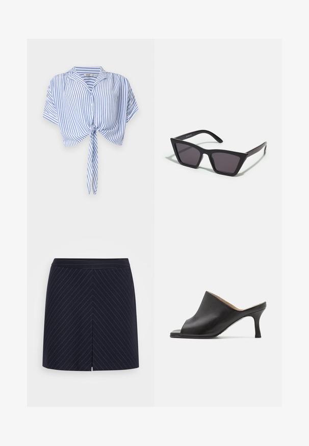 Μπλε και λευκό crop top με κάθετες ρίγες, κοντά μανίκια, κουμπιά, γιακά και φιόγκο στο μπροστινό μέρος.; ONLY ONLSAVITA PINSTRIPE SHORT SKIRT - Φούστα σε γραμμή Α - night sky; Selected ASHLEY - Μιουλ με τακούνι - black; Μαύρα, γωνιώδη γυαλιά ηλίου με γκρι φακούς; κατασκευασμένα από πλαστικό, με χοντρές βραχίονες με λεία επιφάνεια και χωρίς ορατό μηχανισμό.