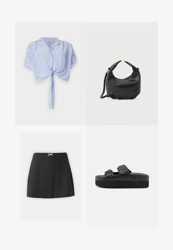 Μπλε και λευκό crop top με κάθετες ρίγες, κοντά μανίκια, κουμπιά, γιακά και φιόγκο στο μπροστινό μέρος.; Μαύρη φούστα με λευκές βούλες, με μαζεμένη μέση και μια μικρή διακοσμητική κορδέλα μπροστά. Σχεδίαση κοντού και φουσκωτού στυλ.; Μαύρες πλατφόρμες από λείο υλικό, με δύο ρυθμιζόμενες λουρίδες με αγκράφες και υφή στη σόλα για πρόσφυση.; Μαύρη πλεκτή δερμάτινη τσάντα χειρός με κοντή λαβή και αποσπώμενο ιμάντα ώμου, σε απλό φωτεινό φόντο.
