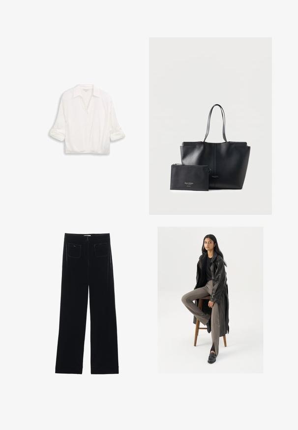 Blouse blanche à manches longues avec col, boutons sur le devant et manches retroussées, présentée sur un fond uni.; Pantalons larges en velours noir avec deux poches arrière et une texture lisse, présentant une coupe droite et une finition ourlée aux chevilles.; Manteau trench en cuir noir avec des boutons et une ceinture, associé à un pantalon ajusté marron clair et des mocassins noirs, assis sur un tabouret en bois.; Sac cabas en cuir noir avec des anses fines et une pochette zippée assortie, toutes deux étiquetées Marc O'Polo, sur un fond clair uni.