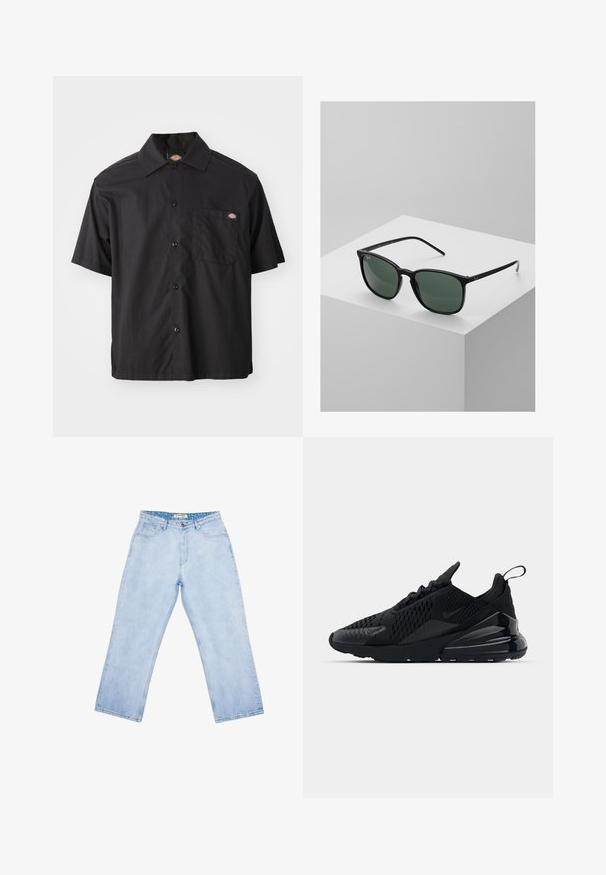Sort kortærmet skjorte med knapper lavet af bomuld, med en enkelt brystlomme og logoetiket. Glat tekstur og afslappet pasform.; Lyseblå jeans med høj talje og lige ben, forlommer, bæltestropper, knaplukning og en mærket inderlabel ved linningen.; Sorte Nike Air Max 270 sneakers med en struktureret overdel, mesh-paneler og en blank hæl med en fremtrædende luftdæmpningsenhed.; Sorte rektangulære solbriller med mørkegrønne linser, udstyret med en let plastisk stel og sølvdetaljer på stængerne.