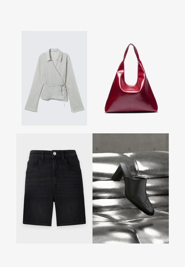 Haut cache-cœur gris clair à manches longues, rayures verticales, col à revers et lien à la taille. Confectionné dans un tissu doux et texturé.; Shorts en denim noir avec fermeture à boutons sur le devant, passants pour ceinture et deux poches avant sur un fond gris clair uni.; Mule en cuir noir avec talon bloc reposant sur une surface argentée brillante capitonnée, mettant en valeur son design élégant et ses détails incurvés.; Sac à main en cuir laqué rouge de forme triangulaire, avec une large ouverture en haut et une seule anse courbée. Texture lisse avec des détails de couture minimaux.