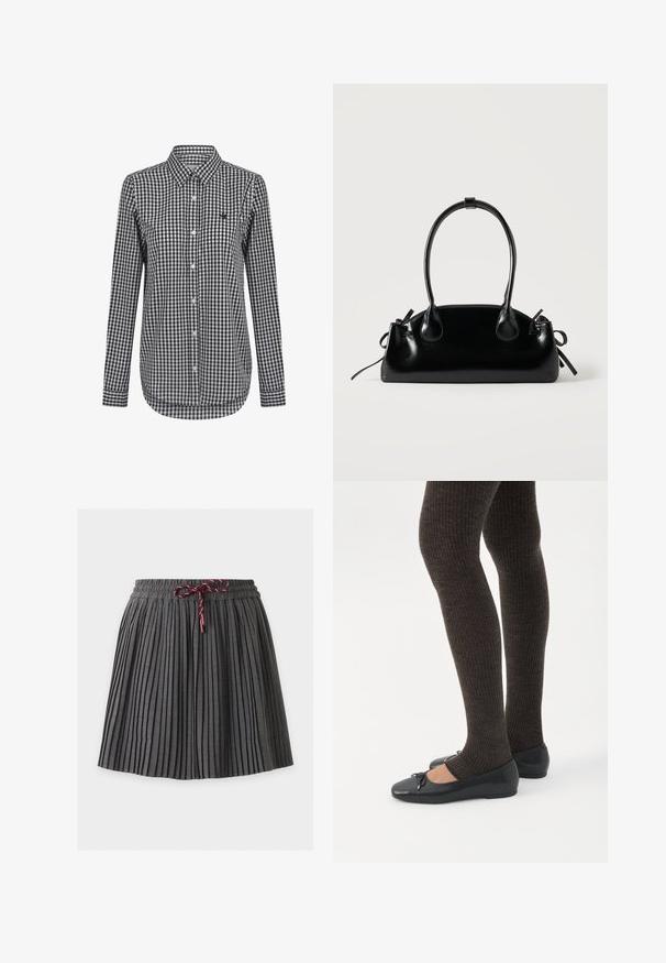 Chemise à manches longues à carreaux noir et blanc, dotée d'un col boutonné et d'un ourlet arrondi. Comprend un petit logo sur la poitrine.; Jupe plissée gris foncé avec une taille élastique et un cordon bordeaux noué au centre devant.; Jambes portant des leggings côtelés foncés associés à des ballerines noires avec de petits détails en nœud sur fond blanc.; Petit sac à main noir brillant avec deux longues anses et des détails à cordon sur les côtés sur un fond clair uni.
