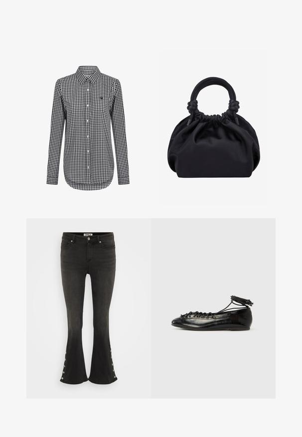 Chemise à manches longues à carreaux noir et blanc, dotée d'un col boutonné et d'un ourlet arrondi. Comprend un petit logo sur la poitrine.; Jean flare noir en denim, avec des accents de boutons métalliques sur le bas et un design classique à cinq poches.; Ballerines en cuir verni noir avec un bout rond, un design à lacets et une semelle plate. Texture lisse avec peu de détails.; Sac à main en tissu noir doux avec haut froncé et poignées circulaires rembourrées nouées de chaque côté.