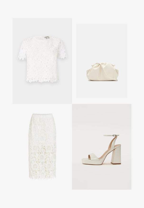 Top en dentelle blanche présentant des motifs floraux, des manches courtes, un décolleté rond et un ourlet délicatement ondulé. Se ferme avec une fermeture éclair dans le dos.; Jupe midi en dentelle blanche avec motifs floraux, doublure opaque se terminant au-dessus du genou et dentelle transparente s'étendant jusqu'au milieu du mollet.; Sandales plateformes en cuir blanc avec une large sangle au niveau des orteils, une sangle de cheville ajustable et un large talon bloc. Texture lisse et design minimaliste.; Pochette en cuir souple couleur crème avec un design froncé et une fine bandoulière reposant à l’avant sur un fond uni.
