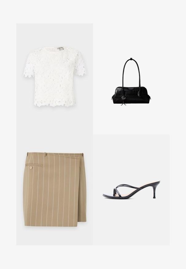 Top en dentelle blanche présentant des motifs floraux, des manches courtes, un décolleté rond et un ourlet délicatement ondulé. Se ferme avec une fermeture éclair dans le dos.; Jupe beige avec des rayures blanches verticales, en tissu texturé. Présente un rabat à l'avant et une poche arrière avec un détail de bouton.; Sandale à talon en cuir verni noir avec fines lanières croisées et talon aiguille moyen et élancé sur fond blanc.; Sac à épaule en cuir noir à texture crocodile, avec de longues sangles et un petit charm logo argenté sur une sangle.