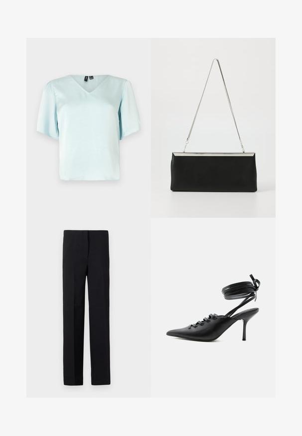 Blouse bleu clair à col en V avec des manches bouffantes courtes, fabriquée en tissu lisse, présentant une coupe décontractée et sans motifs ni ornements visibles.; Pantalons noirs ajustés à coupe droite, avec une texture lisse et sans motifs visibles. Taille standard et finition soignée.; Chaussure à talon haut noire à bout pointu avec laçage à l'avant et brides enroulées autour de la cheville nouées en nœud, vue de côté sur fond blanc.; Pochette en cuir noir avec une poignée en chaîne métallique argentée et une forme rectangulaire élégante. Texture mate et design minimaliste avec un accent métallique.