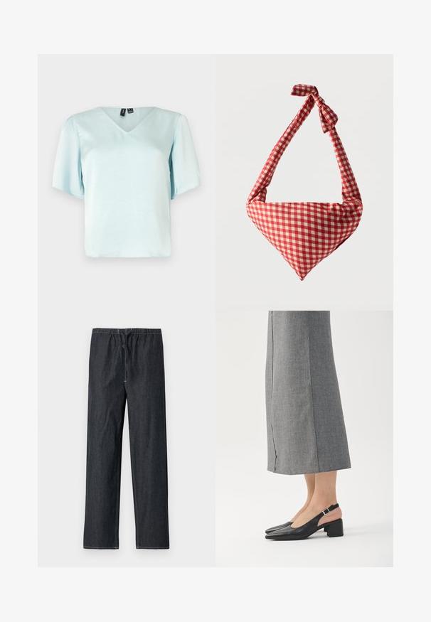 Blouse bleu clair à col en V avec des manches bouffantes courtes, fabriquée en tissu lisse, présentant une coupe décontractée et sans motifs ni ornements visibles.; Pantalon en denim foncé avec taille élastique et cordon de serrage, présentant une coupe droite et des surpiqûres contrastantes.; Chaussures slingback en cuir noir avec bout pointu, talon bloc et accent de talon rose contrastant. Texture lisse avec un design minimaliste.; Sac d'épaule en tissu doux à motif à carreaux rouges et blancs, poignée nouée et forme triangulaire sur un fond uni.
