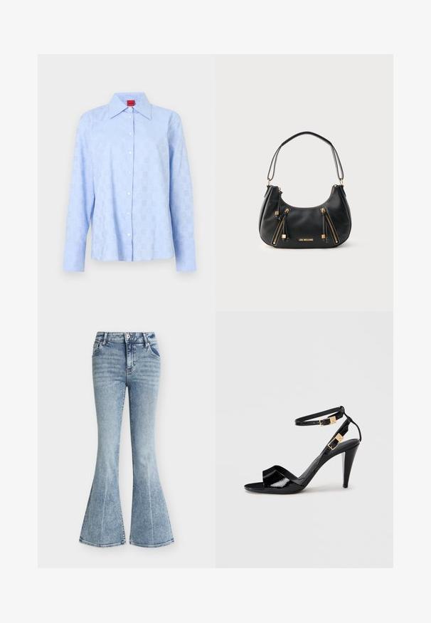 Chemise bleu clair à manches longues avec un col à boutons, un motif discret en relief et des boutons blancs sur la patte de boutonnage avant.; Jean en denim bleu clair taille haute avec un lavage délavé, poches avant, fermeture par bouton et zip, et jambes évasées style pattes d'éléphant.; Sandale à talon haut en cuir verni noir avec double bride de cheville et boucles dorées, bout ouvert, et talon effilé sur fond neutre.; Sac à bandoulière en cuir noir avec deux fermetures éclair verticales dorées et logo "LOVE MOSCHINO" en or sur le devant.