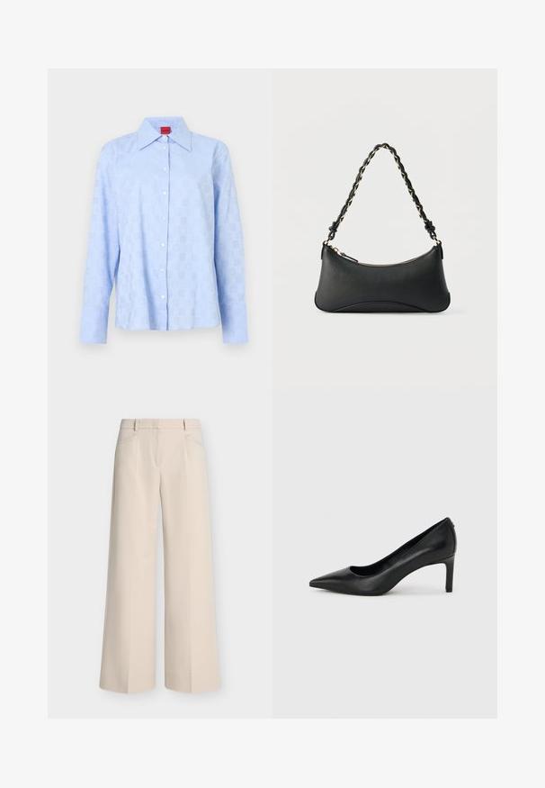Chemise bleu clair à manches longues avec un col à boutons, un motif discret en relief et des boutons blancs sur la patte de boutonnage avant.; Pantalon beige à jambes larges avec poches avant, passants de ceinture et devant plat, présenté sur un fond clair uni.; Escarpin à bout pointu en cuir noir avec un talon fin de hauteur moyenne sur un fond gris clair uni.; Sac à bandoulière en cuir noir de forme rectangulaire incurvée, avec une chaîne dorée tissée dans la bandoulière noire tressée et une fermeture éclair sur le dessus.